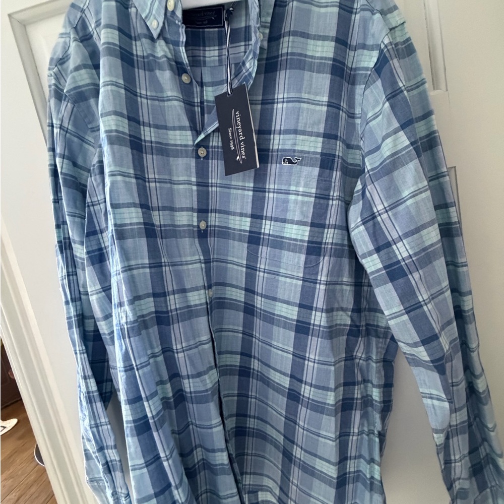 Vineyard Vines Light Blue and Green Plaid Shirt